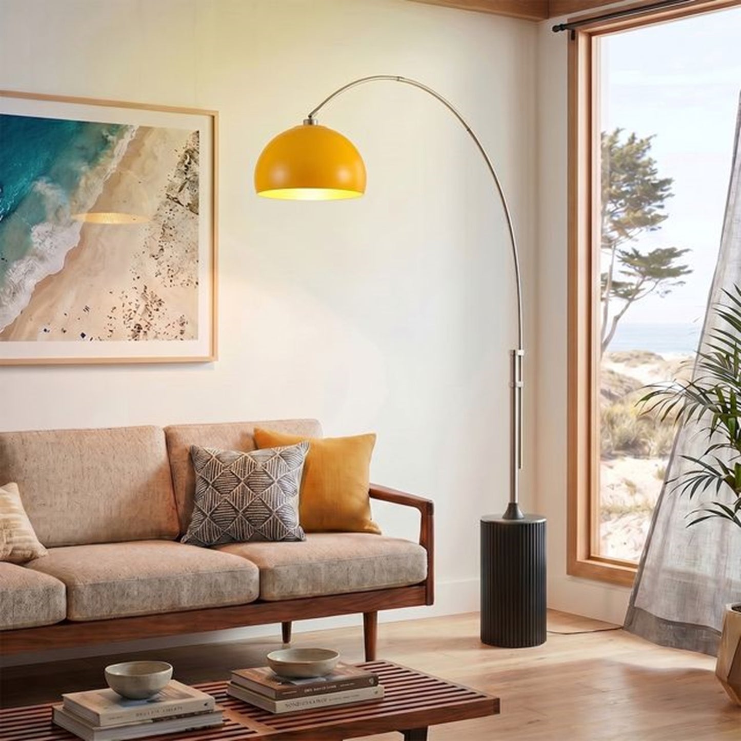 Nova California Tambo 92in 1-Light Arc Lamp | Mid-Century Mustard Steel and Satin Nickel | Living Room & Home Office | Model 2113834MU