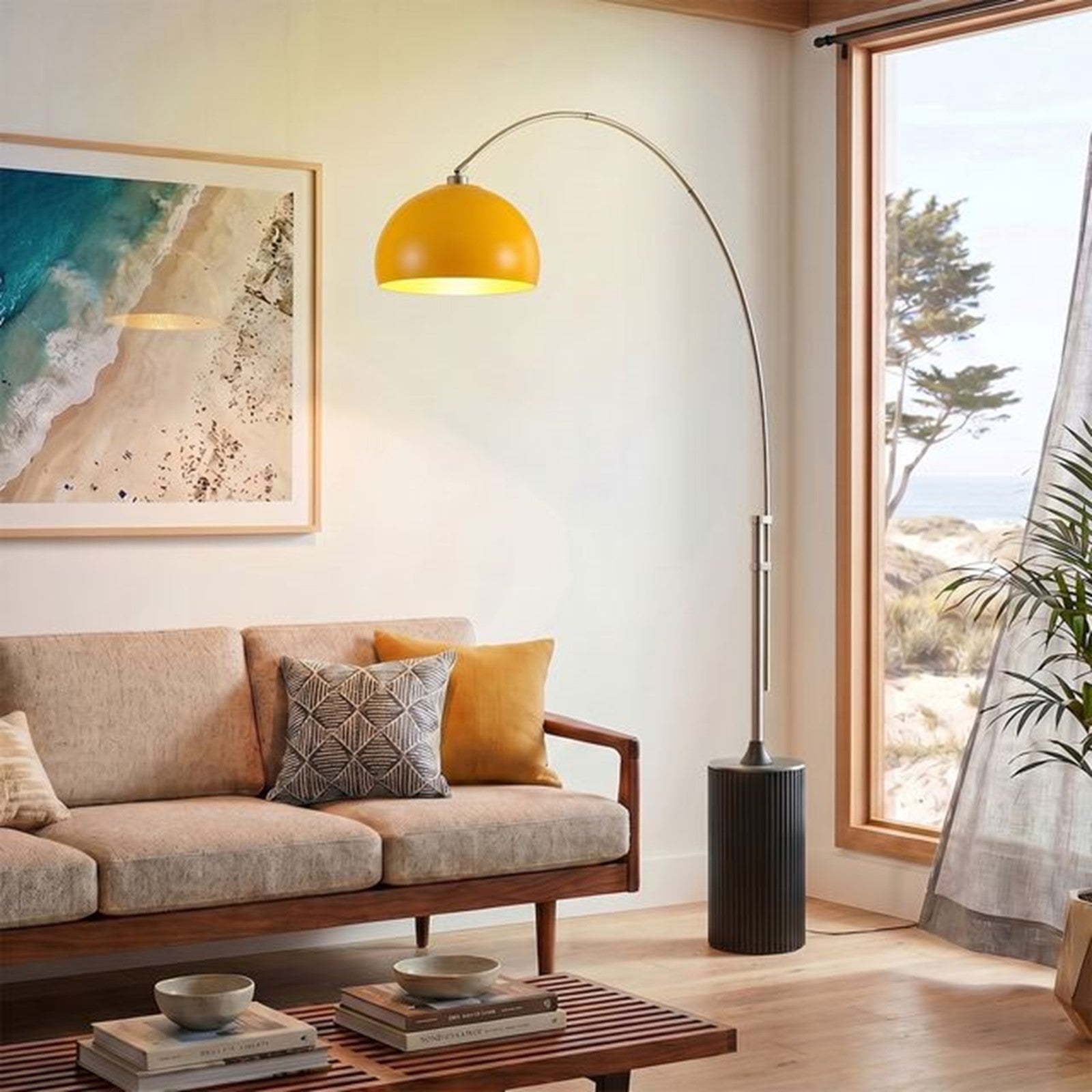 Nova California Tambo 92in 1-Light Arc Lamp | Mid-Century Mustard Steel and Satin Nickel | Living Room & Home Office | Model 2113834MU