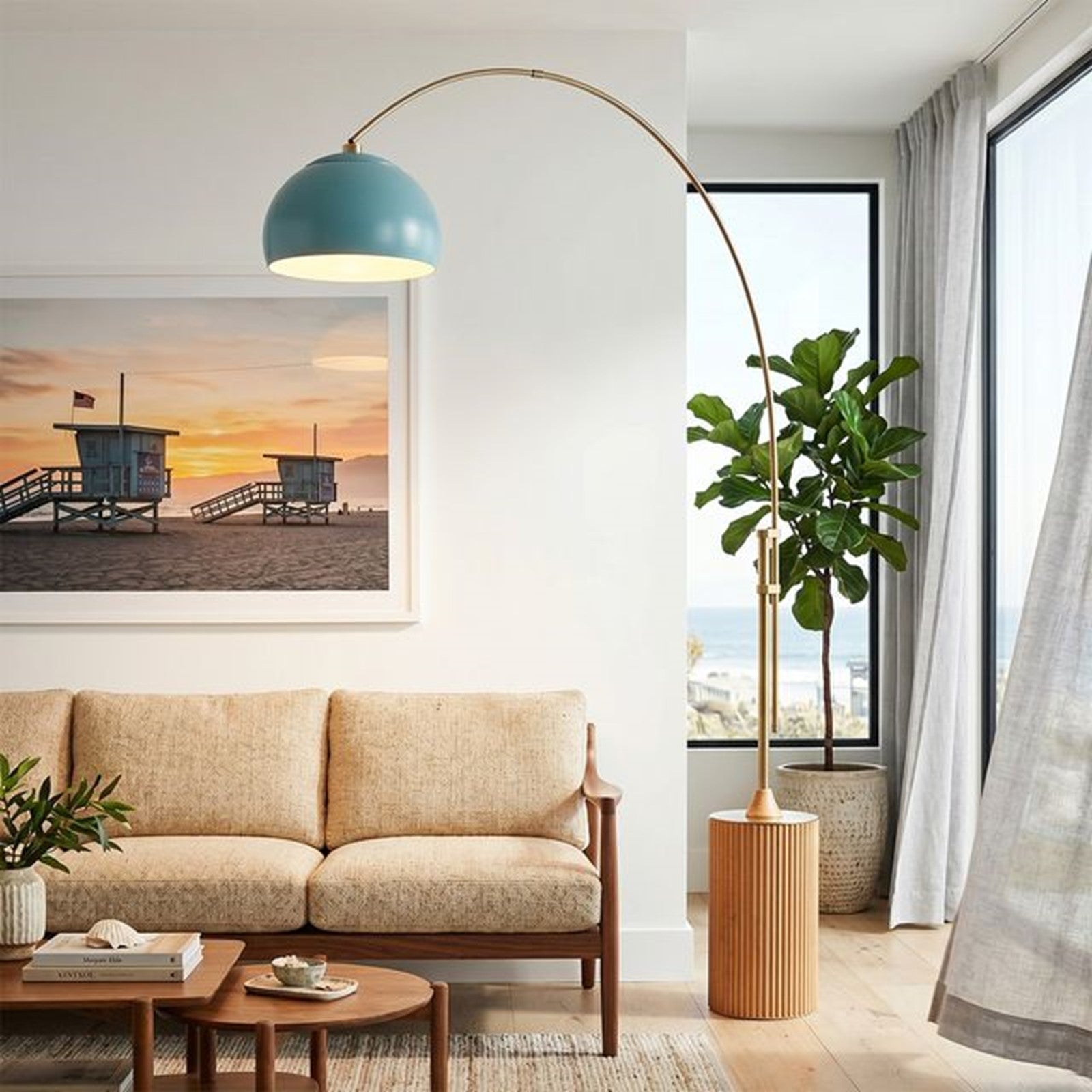 Nova California Tambo Half-Dome 92in 1-Light Arc Lamp | Mid-Century Modern Weathered Brass and Pool Blue Steel | Living Room & | Model 2113839BL