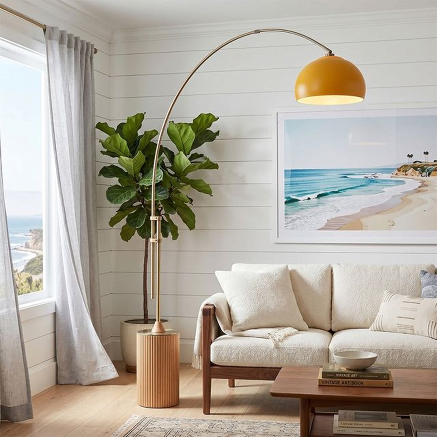 Nova California Tambo Half-Dome 92in 1-Light Arc Lamp | Mid-Century Modern Weathered Brass and Mustard Steel | Living Room & | Model 2113839MU