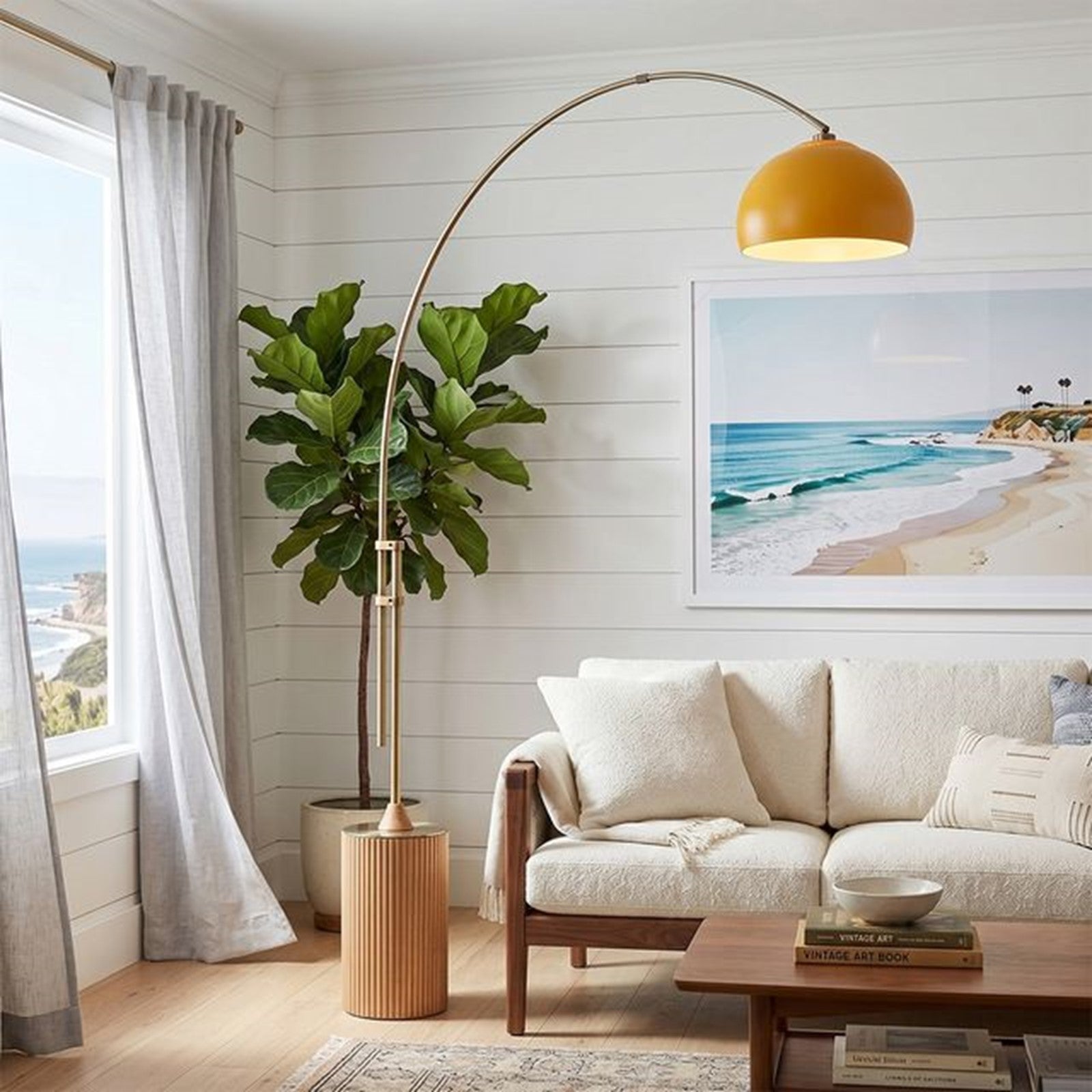 Nova California Tambo Half-Dome 92in 1-Light Arc Lamp | Mid-Century Modern Weathered Brass and Mustard Steel | Living Room & | Model 2113839MU