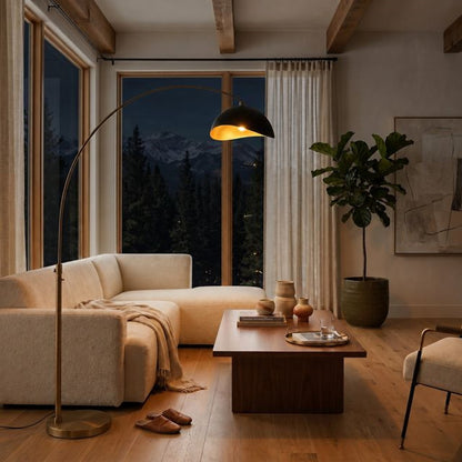 Nova California Float Luna Bella 92in 1-Light Arc Lamp | Modern Weathered Brass and Matte Black/Gold Metal Shade | Living Room & | Model 2114824MG