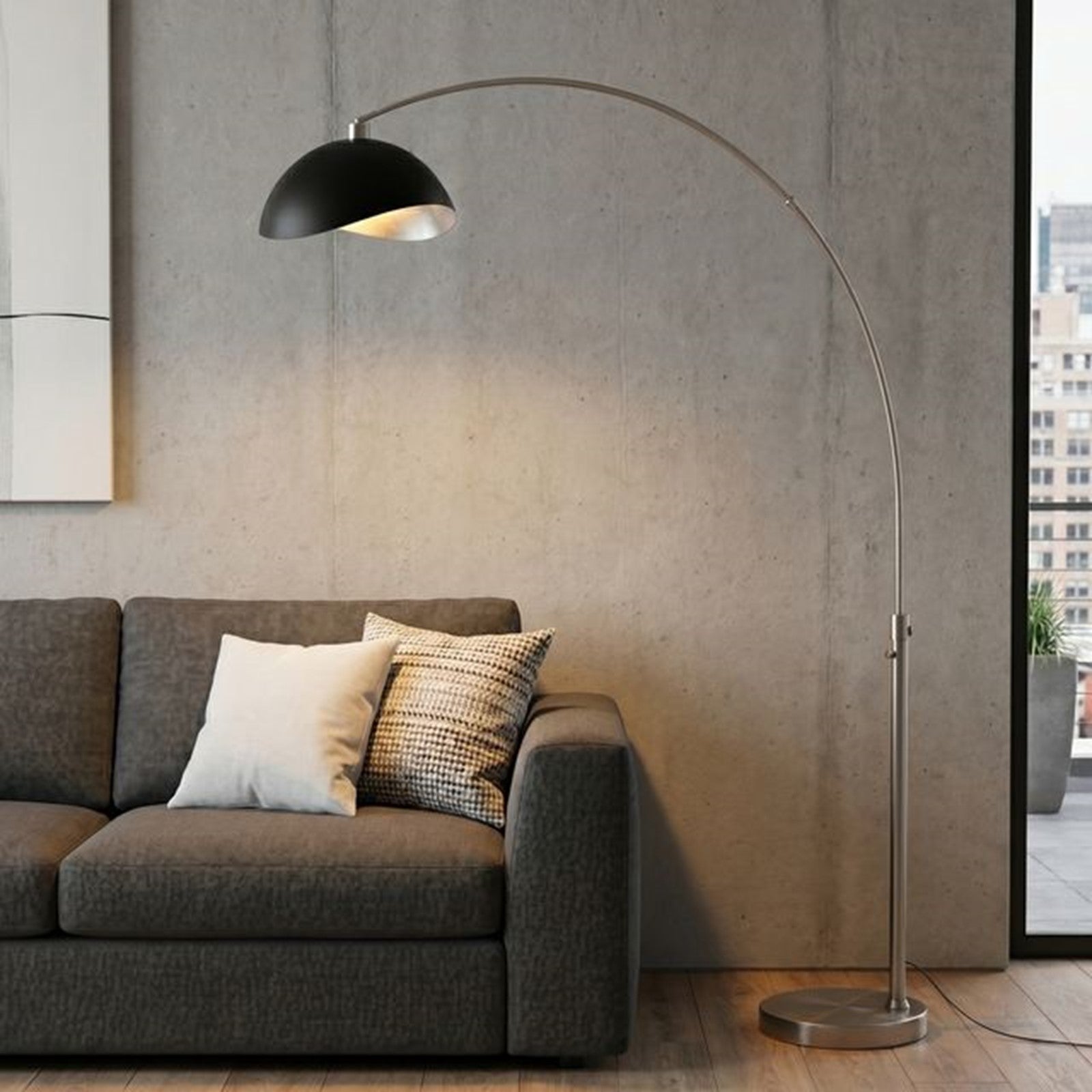 Nova California Float Luna Bella 92in 1-Light Arc Lamp | Modern Satin Nickel and Matte Black/Silver Steel Shade | Living Room & | Model 2114825MS