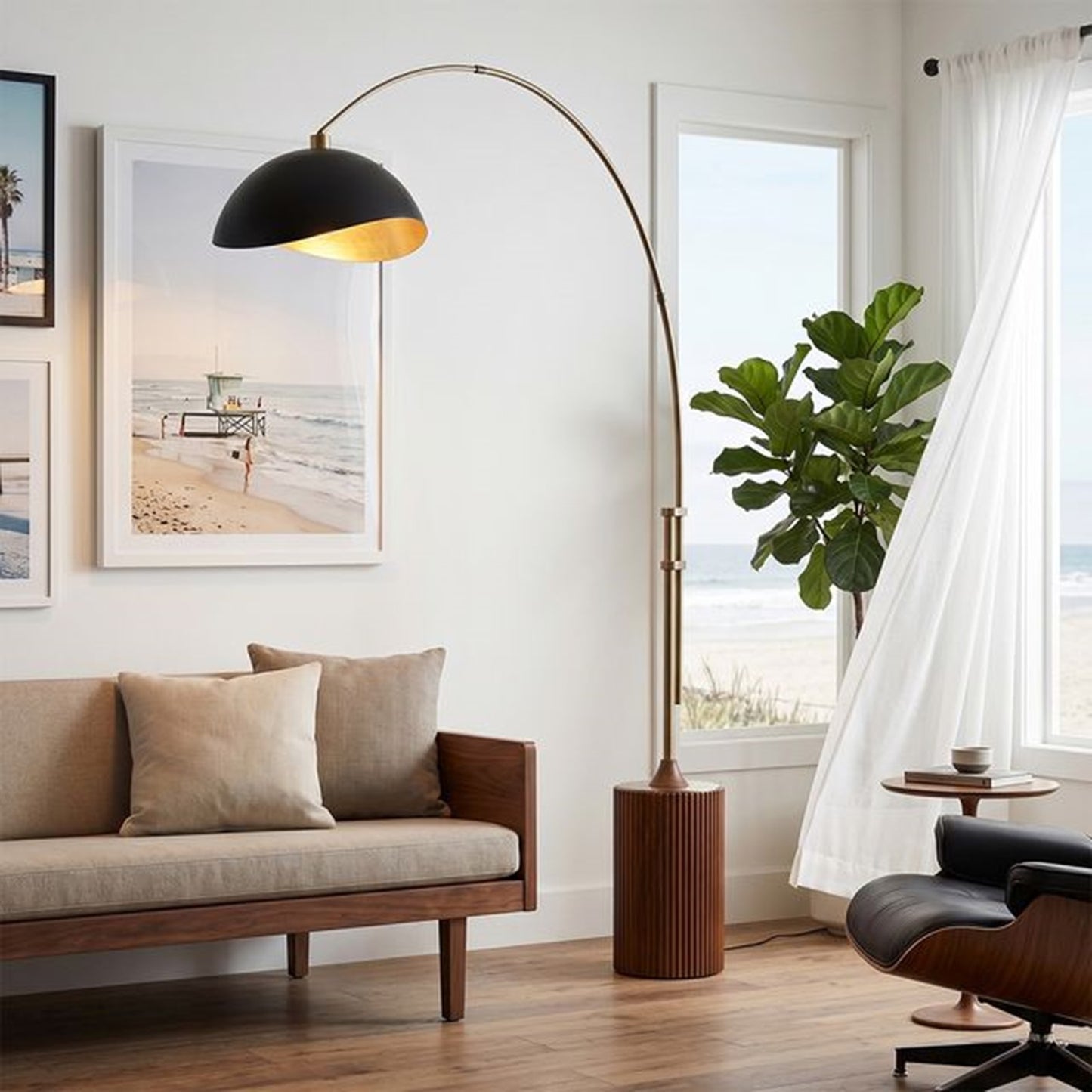 Nova California Tambo Luna Bella 92in 1-Light Arc Lamp | Weathered Brass and Matte Black/Gold Steel Shade | Living Room & Home | Model 2114832MG