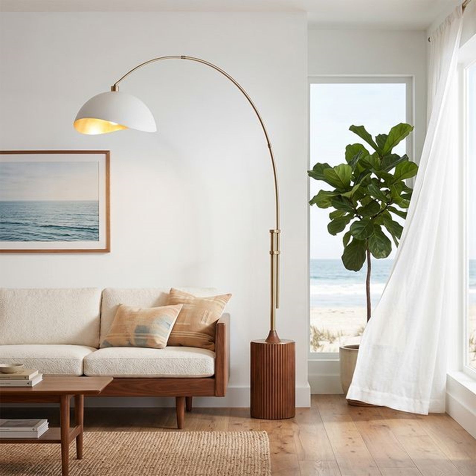 Nova California Tambo Luna Bella 92in 1-Light Arc Lamp | Mid-Century Modern Weathered Brass and Matte White/Gold Steel Shade | Model 2114832WG