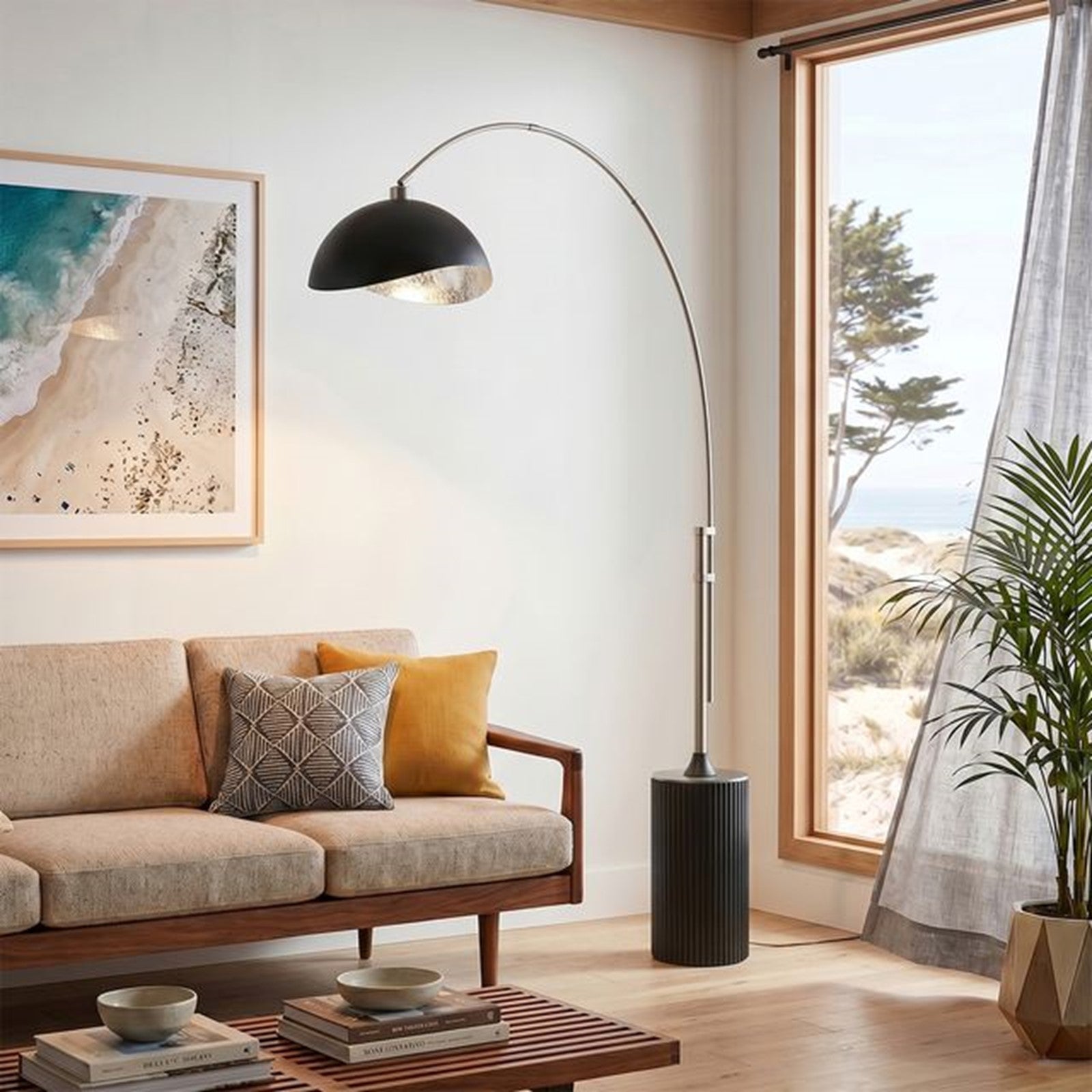 Nova California Tambo Luna Bella 92in 1-Light Arc Lamp | Mid-Century Matte Black/Silver Steel and Satin Nickel | Living Room & Home | Model 2114834MS