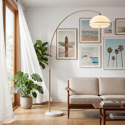 Nova California Tambo Morelli 92in 1-Light Arc Lamp | Modern Weathered Brass Lucite and White Lucite Shade | Living Room & Reading | Model 2115821WB