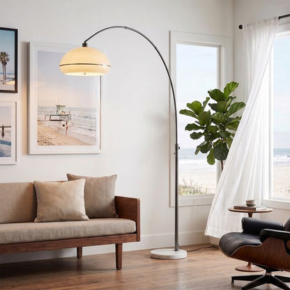 Nova California Tambo Morelli 92in 1-Light Arc Lamp | Modern White Lucite Shade and Black Nickel Steel Body, White Marble Base | Model 2115823BKN