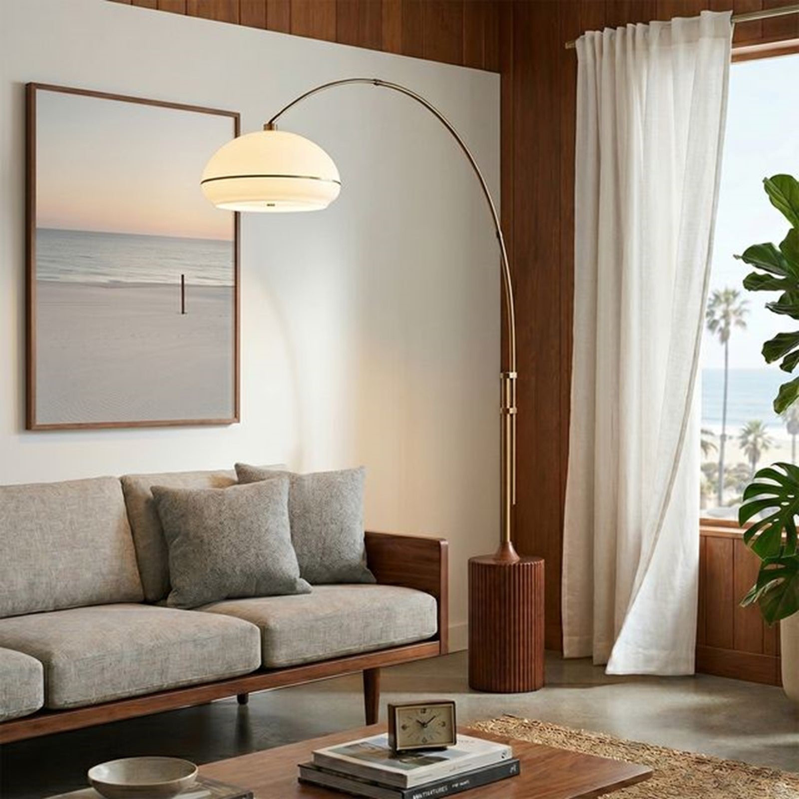Nova California Tambo Morelli 92in 1-Light Arc Lamp | Mid-Century Modern Weathered Brass and White Lucite Shade | Living Room & | Model 2115832WB