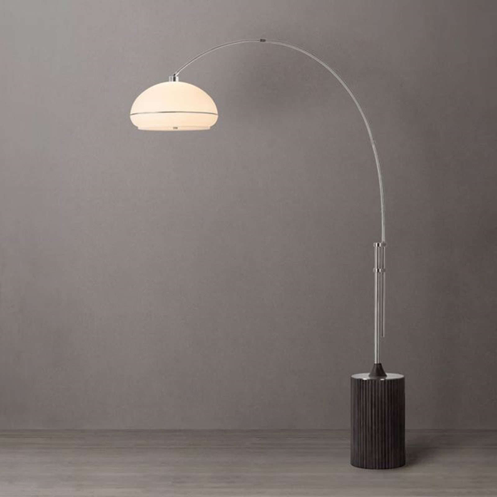 Nova California Tambo Morelli 92in 1-Light Arc Lamp | Mid-Century Satin Nickel and White Lucite | Living Room | 68 x 18 x 92 in | Model 2115834SN