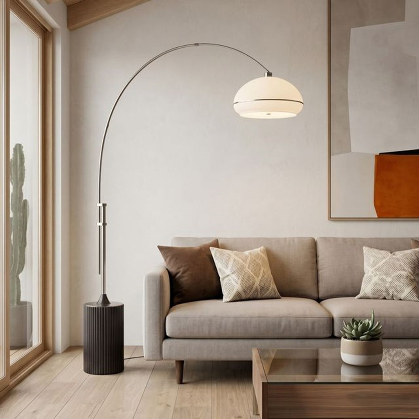 Nova California Tambo Morelli 92in 1-Light Arc Lamp | Mid-Century Satin Nickel and White Lucite | Living Room | 68 x 18 x 92 in | Model 2115834SN