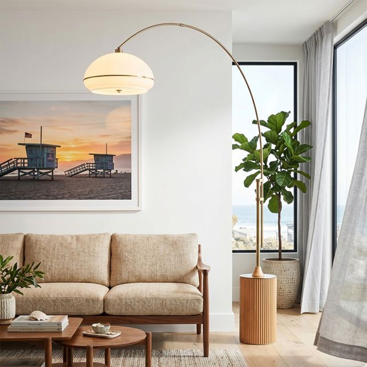 Nova California Tambo Morelli 92in 1-Light Arc Lamp | Industrial Weathered Brass and White Lucite | Living Room & Home Office | Model 2115839WB