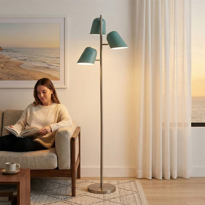 Nova California Culver 59in 3-Light Tree Floor Lamp | Mid-Century Modern Satin Nickel and Pool Blue Steel Shades | Living Room & | Model 2121589PB