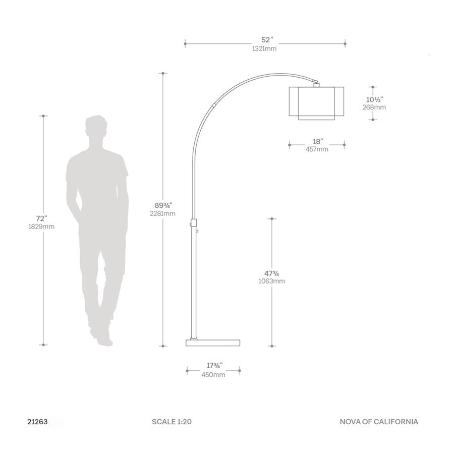 Nova California Marilyn 94in 1-Light Arc Floor Lamp | Glam Weathered Brass and Crystal Mylar Shade | Living Room | 68 x 18 x 94 in | Model 21263WB