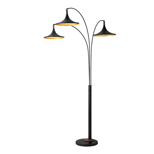 Nova California Lodi 3-Light Arc Floor Lamp | Mid-Century Matte Black and Walnut with Gold Leaf Steel Shades | Living Room & | Model 2310500MB
