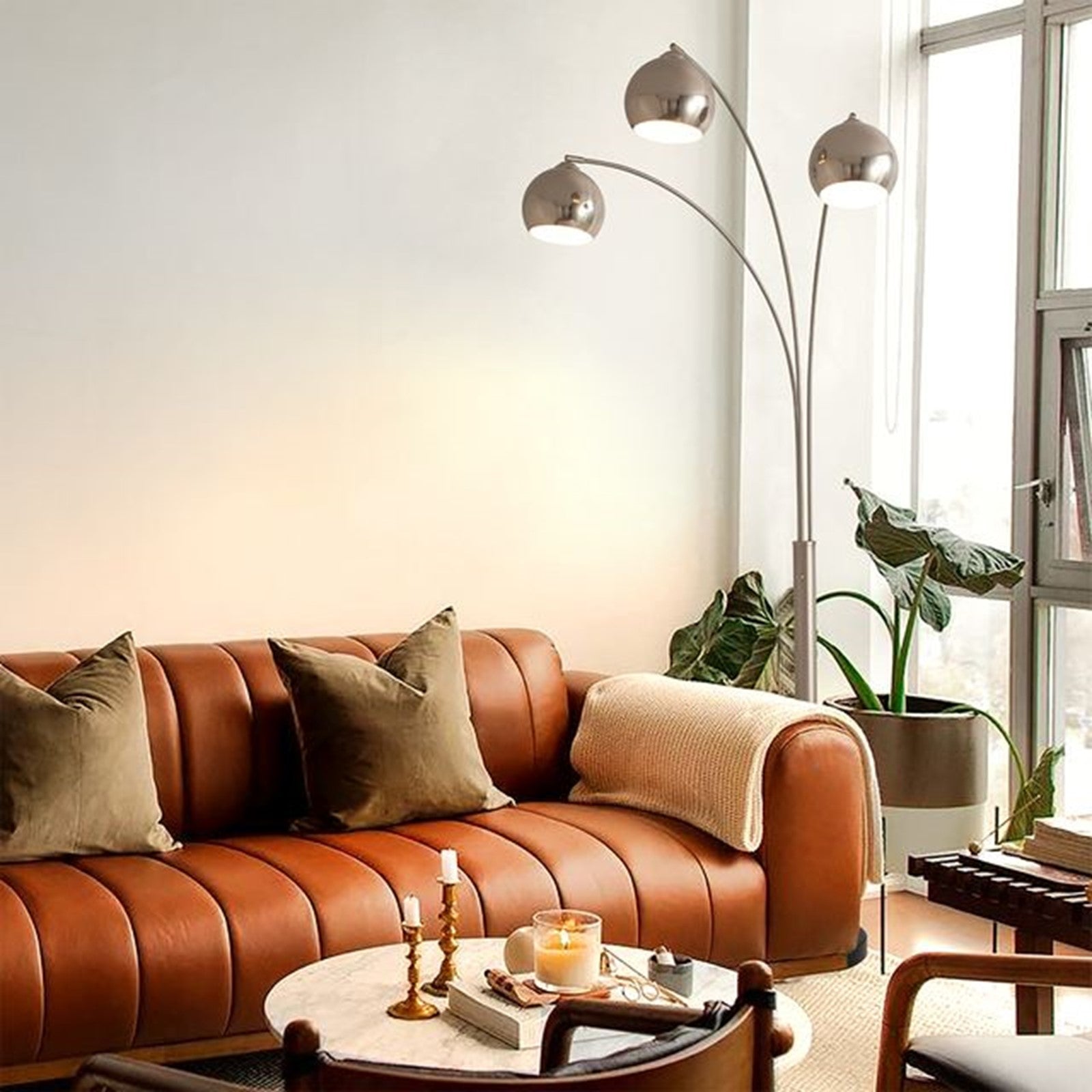 Nova California Triplet 40in 3-Light Arc Floor Lamp | Mid-Century Satin Nickel Iron Shade | Living Room & Reading | 85 in H | Model 2310800SN