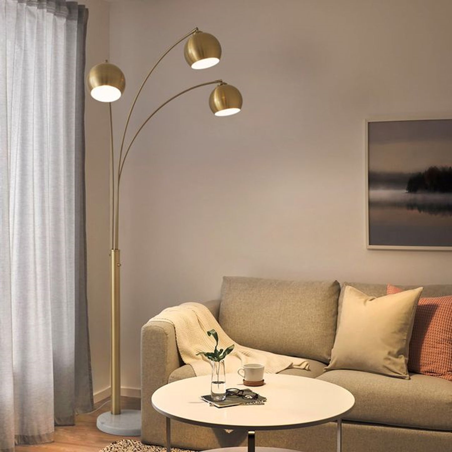 Nova California Triplet 40in 3-Light Arc Floor Lamp | Mid-Century White/Brass Iron Shade | Living Room & Reading | 85 in H | Model 2310800WB