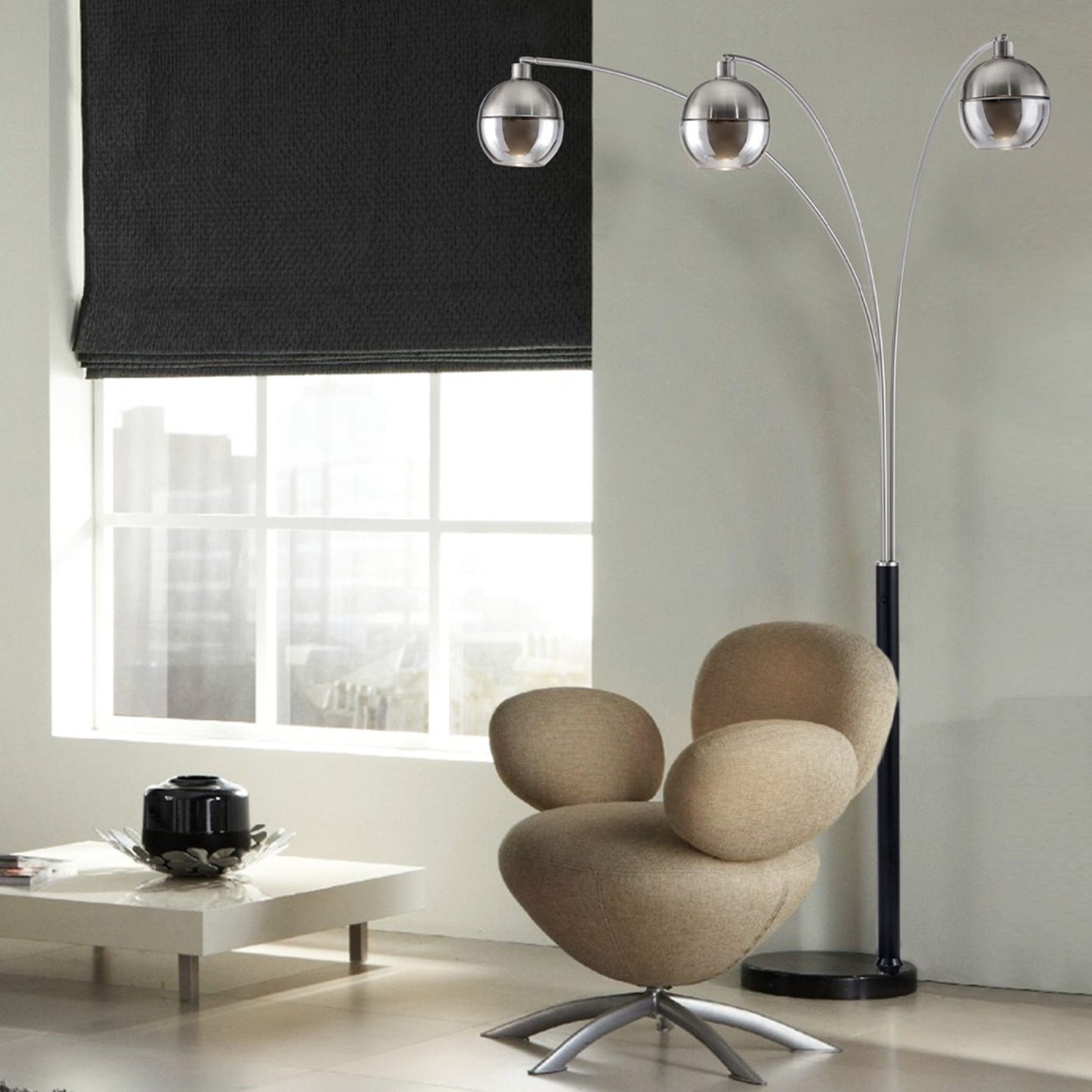 Nova California Orson 3-Light Arc Floor Lamp | Modern Matte Black and Brushed Nickel Glass | Living Room & Den Overhead Light | 84 in | Model 2311062