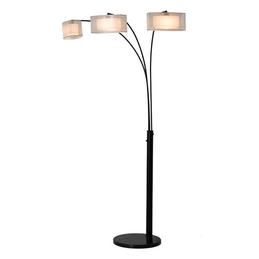 Nova California Amarillo 84in 3-Light Arc Floor Lamp | Mid-Century Matte Black and White Organza | Living Room | 48 x 36 x 84 in | Model 234349BN