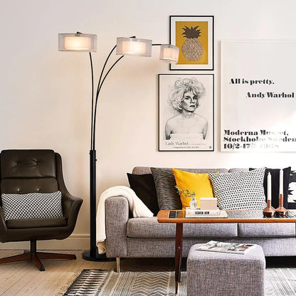 Nova California Amarillo 84in 3-Light Arc Floor Lamp | Mid-Century Matte Black and White Organza | Living Room | 48 x 36 x 84 in | Model 234349BN