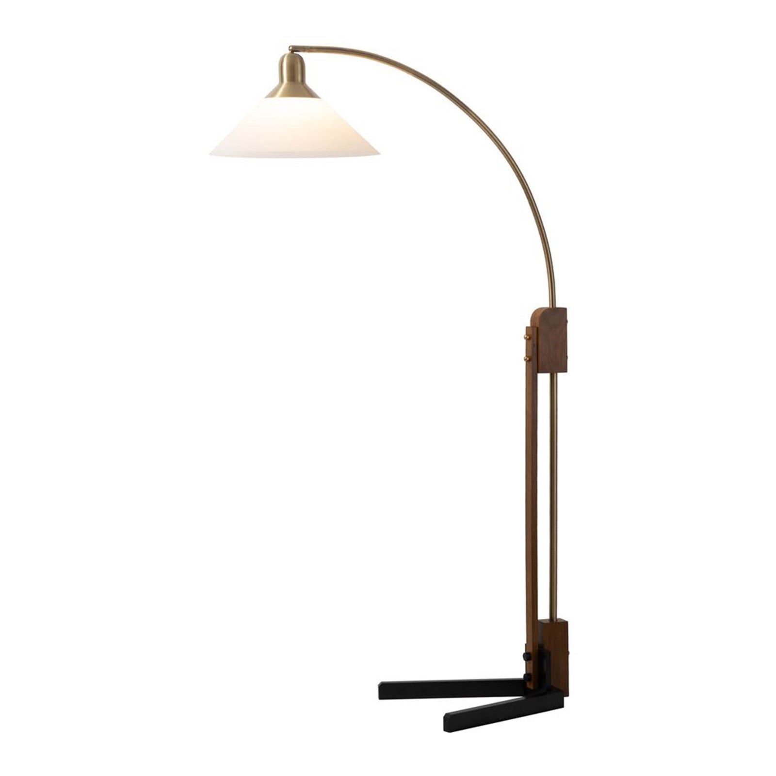 Nova California Melmar Chairside Arc Floor Lamp | Mid-Century Weathered Brass and Dark Brown Wood with White Lucite Shade | Living | Model 26265WB