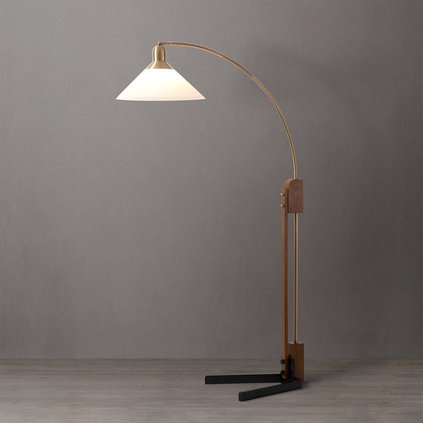 Nova California Melmar Chairside Arc Floor Lamp | Mid-Century Weathered Brass and Dark Brown Wood with White Lucite Shade | Living | Model 26265WB