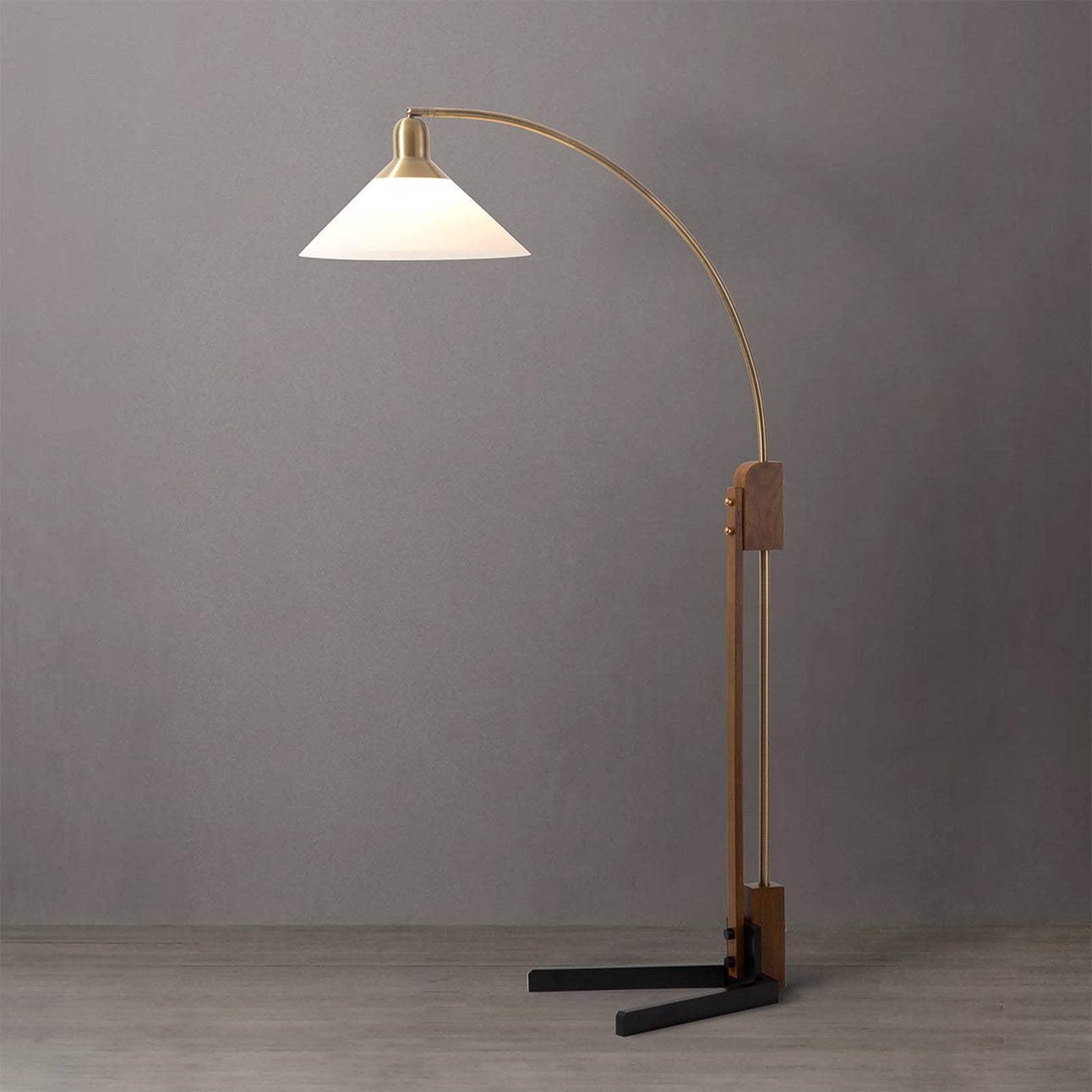 Nova California Melmar Chairside Arc Floor Lamp | Mid-Century Weathered Brass and Dark Brown Wood with White Lucite Shade | Living | Model 26265WB