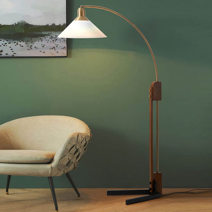 Nova California Melmar Chairside Arc Floor Lamp | Mid-Century Weathered Brass and Dark Brown Wood with White Lucite Shade | Living | Model 26265WB