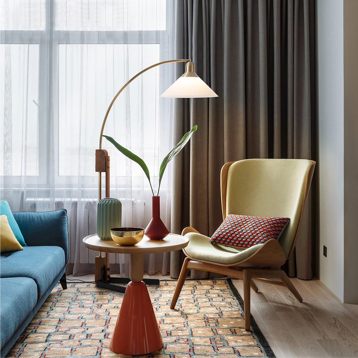 Nova California Melmar Chairside Arc Floor Lamp | Mid-Century Weathered Brass and Dark Brown Wood with White Lucite Shade | Living | Model 26265WB