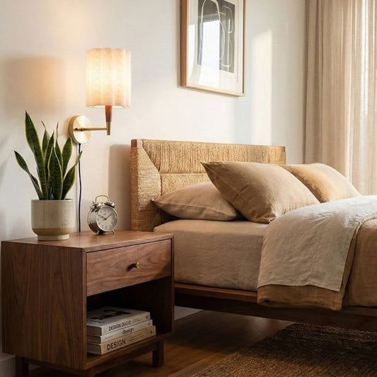 Nova California Scalloped 9in 1-Light Wall Sconce | Mid-Century Walnut and Weathered Brass White Linen | Bedroom & Hallway | Model 3011802WB