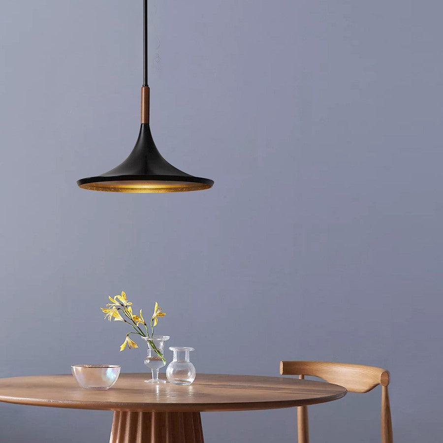 Nova California Lodi 13in 1-Light Pendant | Mid-Century Matte Black Steel and Walnut Wood with Hammered Gold Leaf Interior | Model 3110500MB