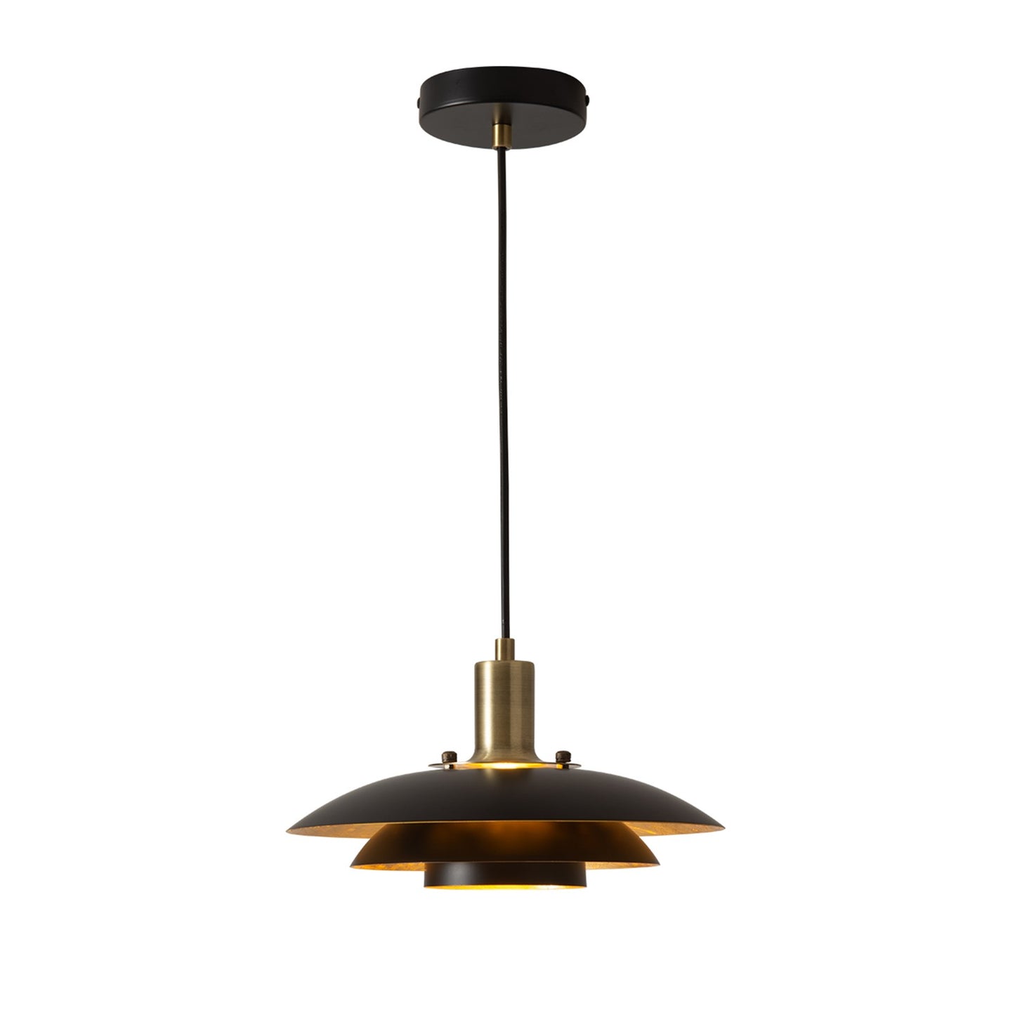 Nova California Rancho Mirage 15in 1-Light Pendant | Mid-Century Modern Weathered Brass and Matte Black Steel with Gold-Leaf Shade | Model 3210824WB