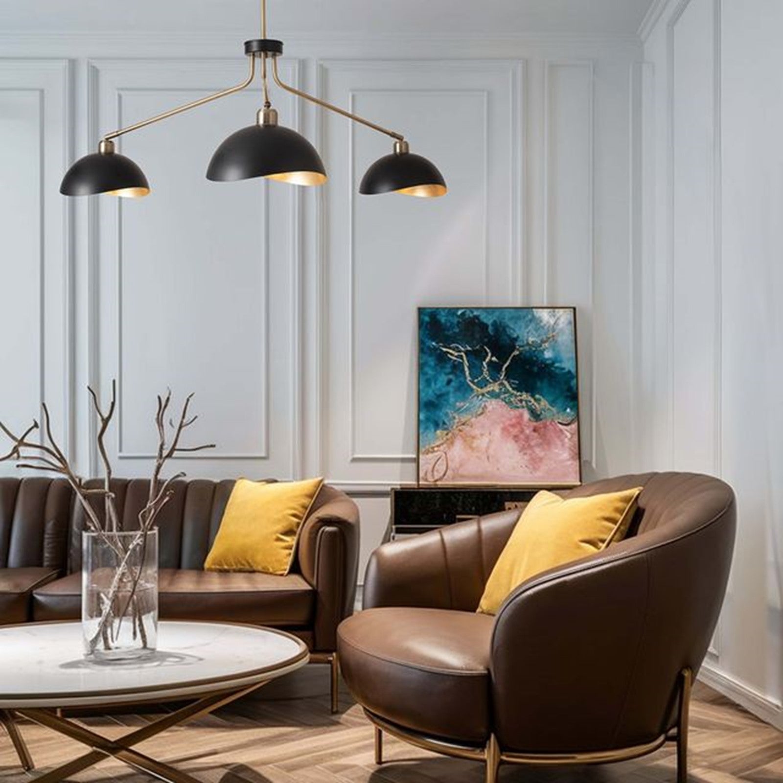 Nova California Luna Bella 44in 3-Light Chandelier | Mid-Century Weathered Brass and Matte Black with Gold Leaf | Dining Room & | Model 3411017WB