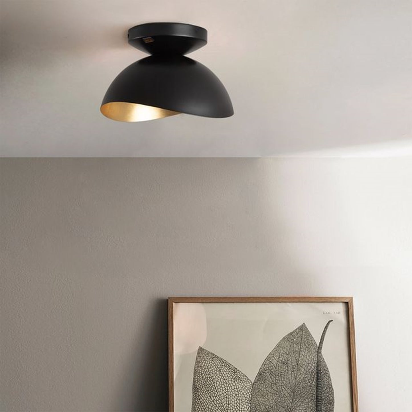 Nova California Luna Bella 10in 1-Light Flush Mount | Mid-Century Matte Black Steel with Gold Leaf Shade | Bedroom & Hallway | 7 in | Model 3611028MB