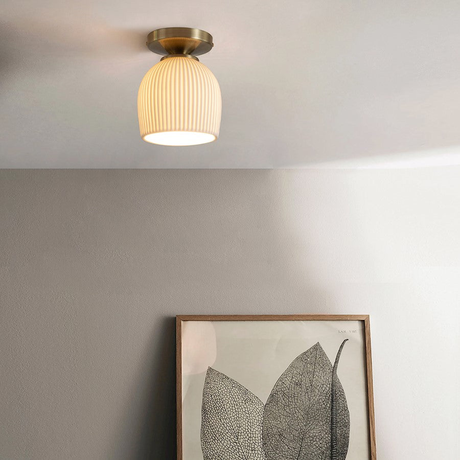 Nova California Petaluma Porcelain 12in 1-Light Semi-Flush Mount | Transitional Weathered Brass and Bone White Porcelain | Living | Model 3611647WB