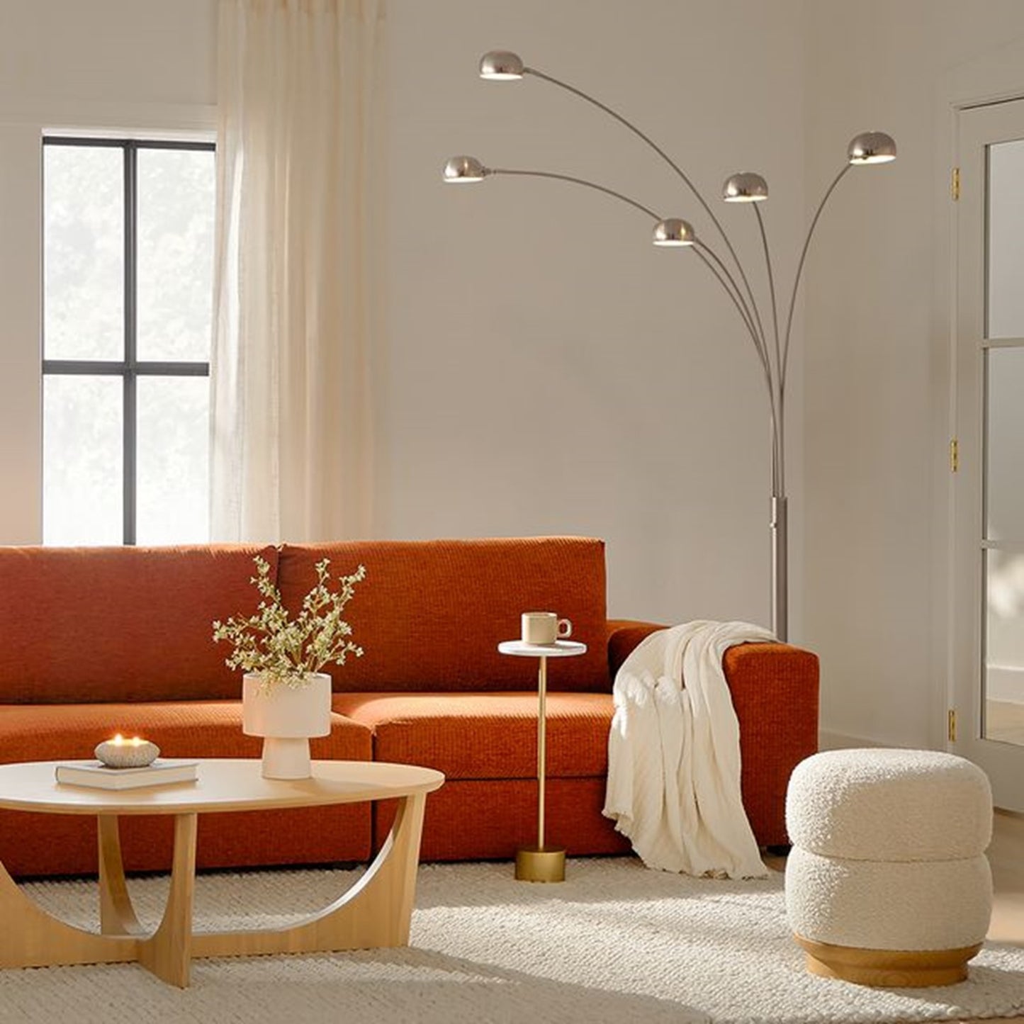 Nova California Mushroom 85in 5-Light Arc Floor Lamp | Mid-Century Satin Nickel Steel and Black Nickel Shades with Marble Base | Model 4035SN