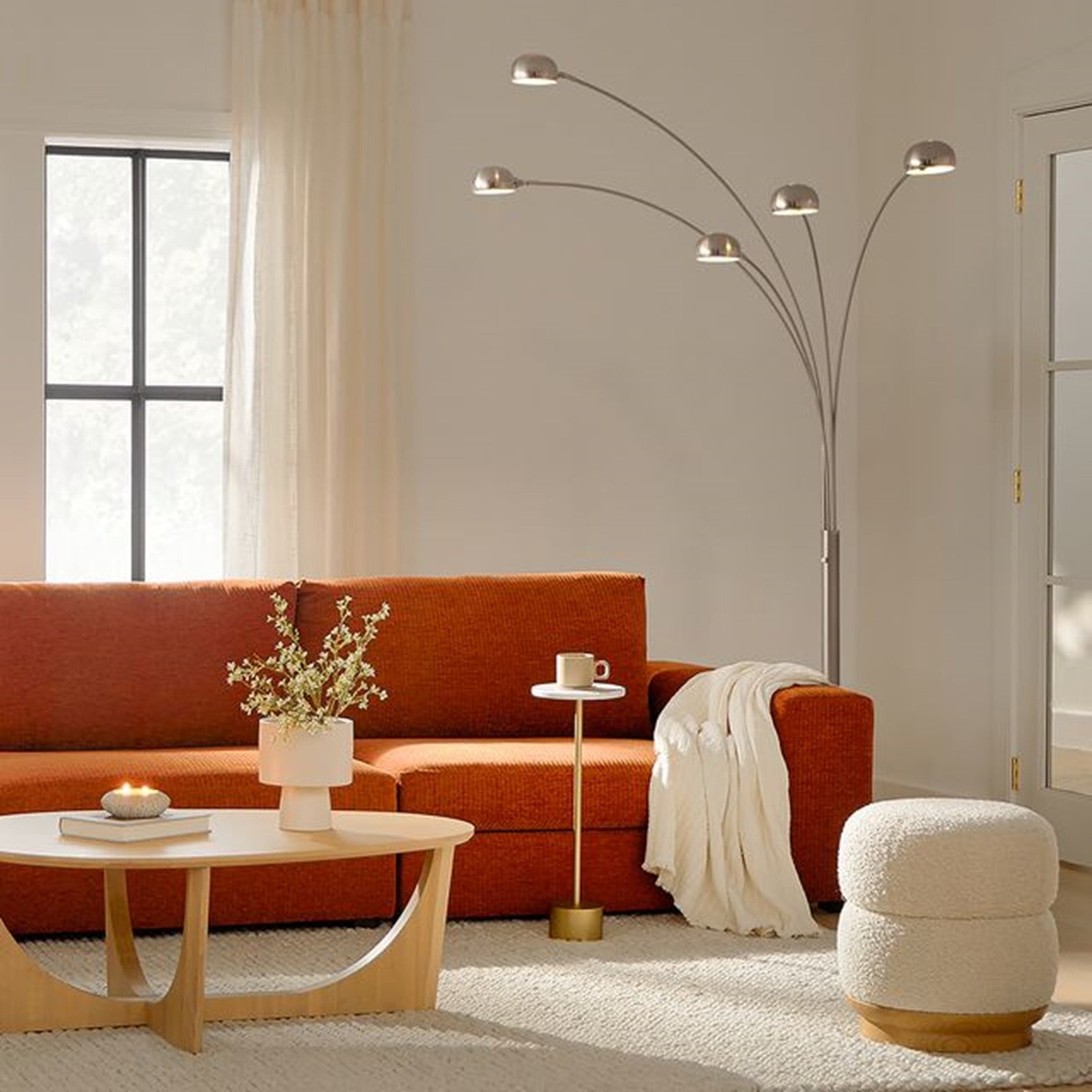 Nova California Mushroom 85in 5-Light Arc Floor Lamp | Mid-Century Satin Nickel Steel and Black Nickel Shades with Marble Base | Model 4035SN