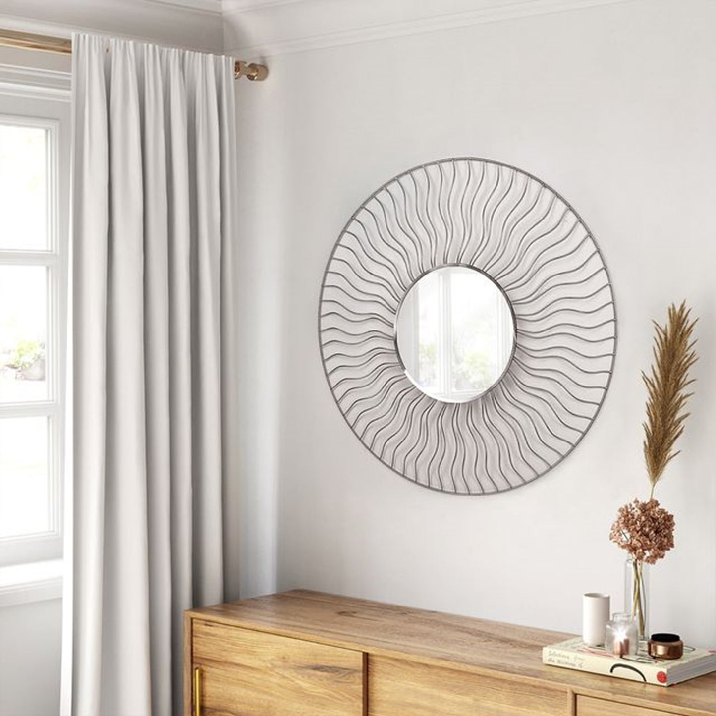 Nova California Sunburst 36in Round Wall Mirror Set of 2 | Brushed Nickel Steel Frame | Entryway & Living Room Accent | Model 4111526WH