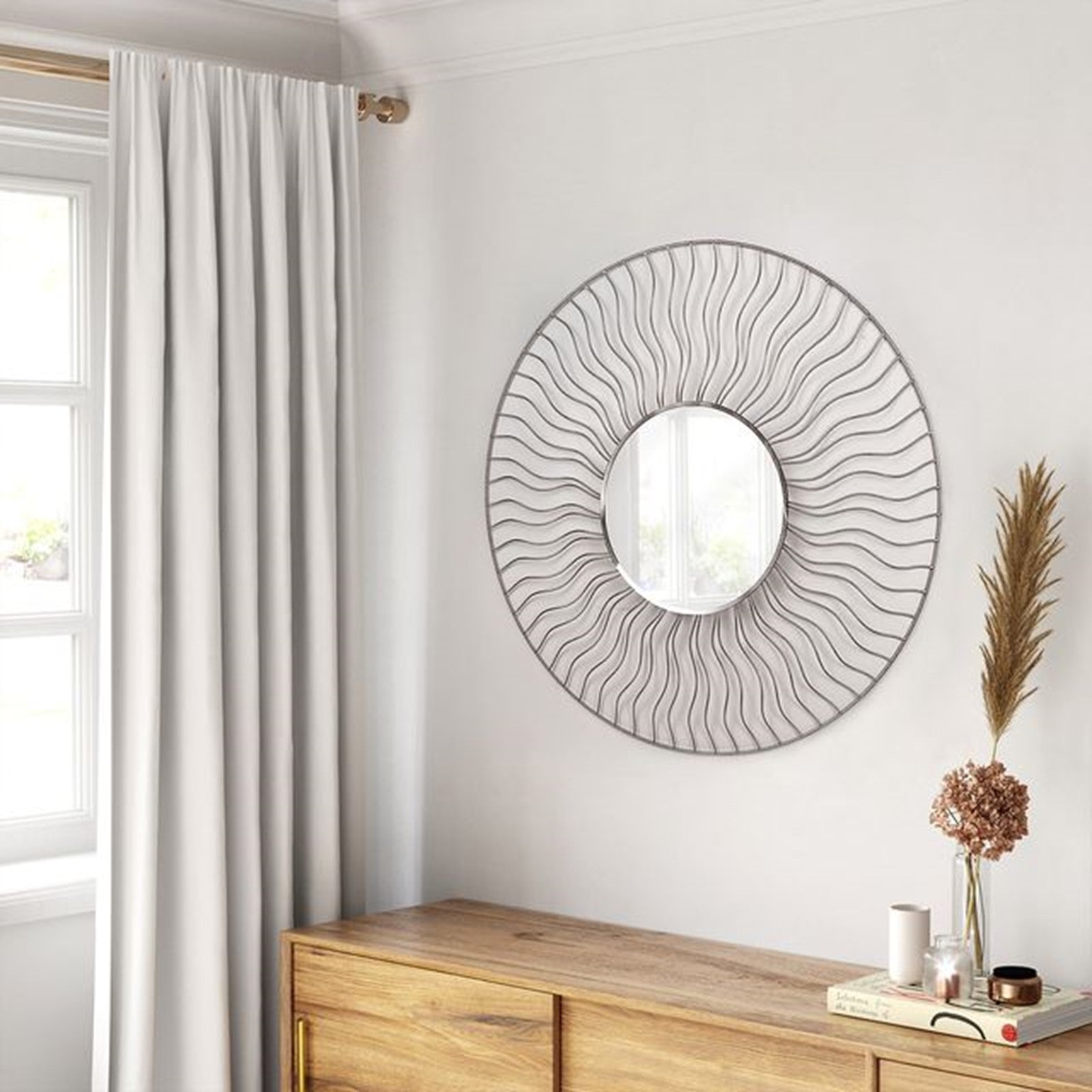 Nova California Sunburst 36in Round Wall Mirror Set of 2 | Brushed Nickel Steel Frame | Entryway & Living Room Accent | Model 4111526WH