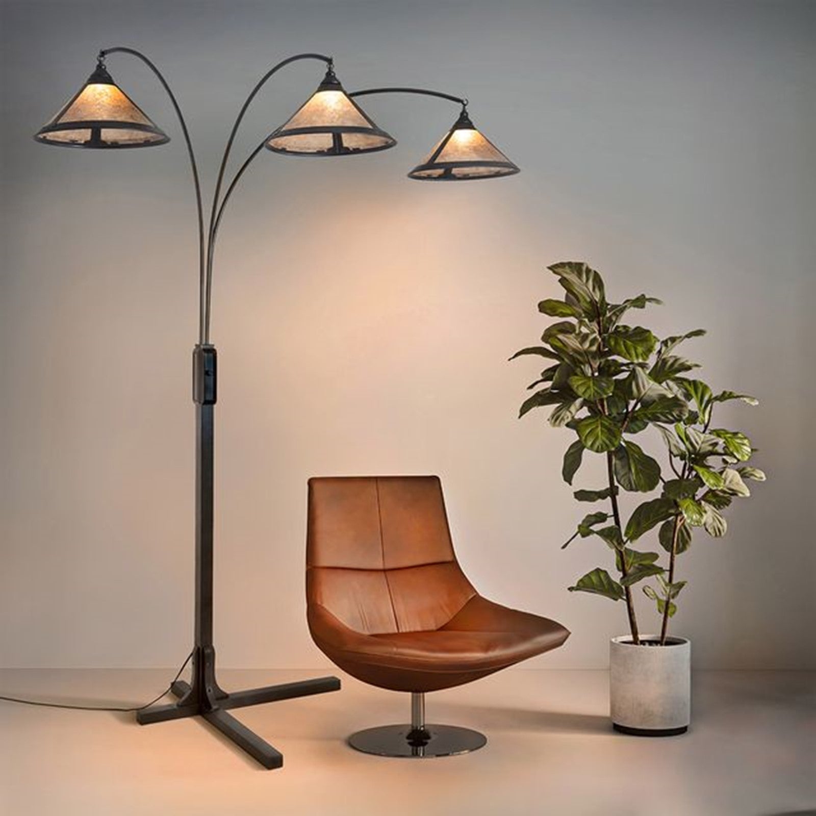 Nova California Mica 86in 3-Light Arc Floor Lamp | Transitional Charcoal Gray and Amber Mica Shade | Living Room & Reading Nook | Model 4212GM