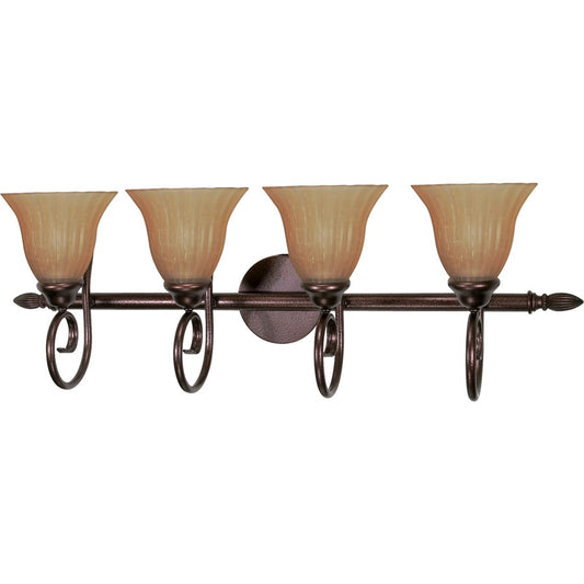 Nuvo Lighting Moulan 33in 4-Light Vanity Light | Transitional Copper Hammered Bronze and Champagne Linen Glass | Bathroom Vanity | 11 x 9 x | Model 60-018