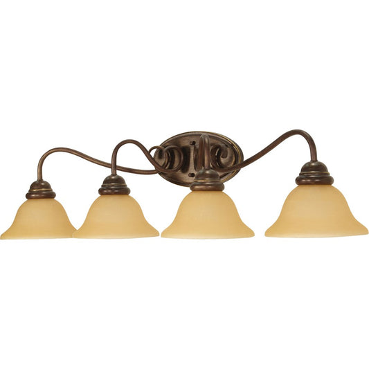 Nuvo Lighting Castillo 33in 4-Light Bathroom Vanity Light | Transitional Sonoma Bronze and Champagne Linen Glass | Damp Rated Bathroom & | Model 60-1036