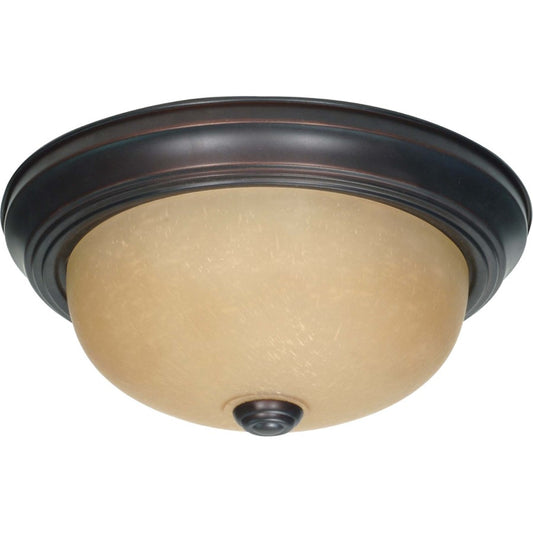 Nuvo 2-Light 11in Flush Mount | Mahogany Bronze and Champagne Linen Glass | Hallway & Bathroom Ceiling Light | 11.375 x 4.875 in | Model 60-1255
