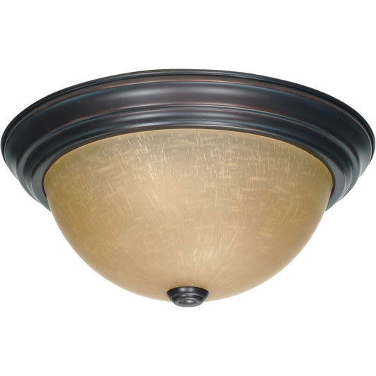 Nuvo 2-Light 13in Flush Mount | Mahogany Bronze and Champagne Linen Glass | Hallway & Bathroom Ceiling Light | 13 x 13 x 5.4 in, Damp Rated | Model 60-1256