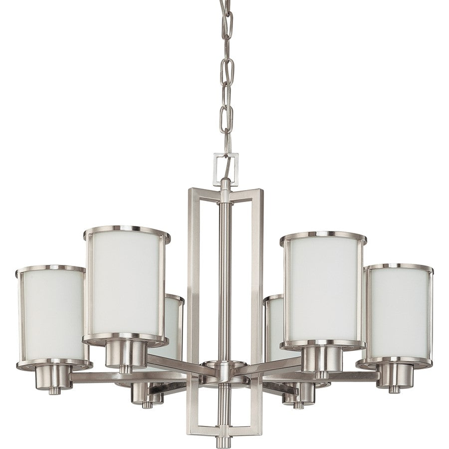 Nuvo Odeon 28in 6-Light Chandelier | Art Deco Brushed Nickel and Satin White Glass | Dining Room & Living Room | 28 x 25 x 22 in | Model 60-2853