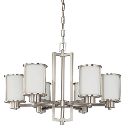 Nuvo Odeon 28in 6-Light Chandelier | Art Deco Brushed Nickel and Satin White Glass | Dining Room & Living Room | 28 x 25 x 22 in | Model 60-2853