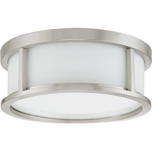 Nuvo Odeon 13in 2-Light Flush Mount | Art Deco Brushed Nickel and Satin White Glass | Bedroom & Hallway Ceiling Light | 13 x 5 in | Model 60-2859