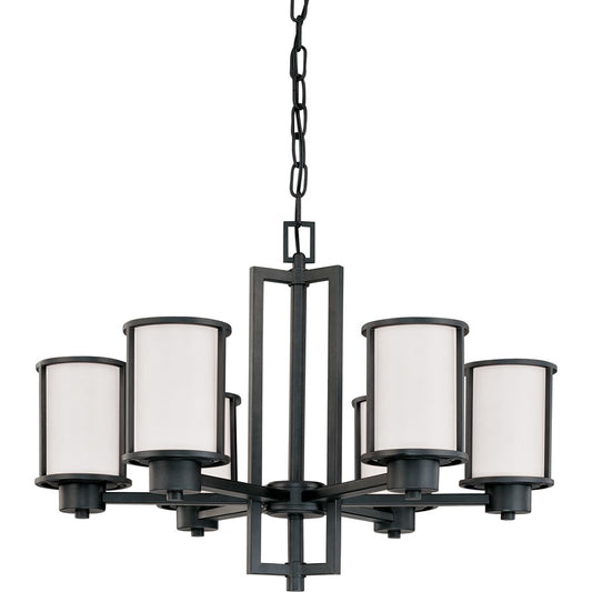 Nuvo Odeon 28in 6-Light Chandelier | Transitional Aged Bronze and Satin White Glass | Dining Room & Living Room | 28 x 28 x 20 in | Model 60-2975