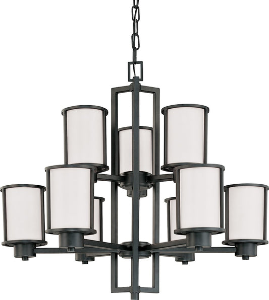 Nuvo Odeon 30in 9-Light Chandelier | Transitional Aged Bronze and Satin White Glass | Dining Room & Living Room | 30 x 30 x 27 in | Model 60-2979