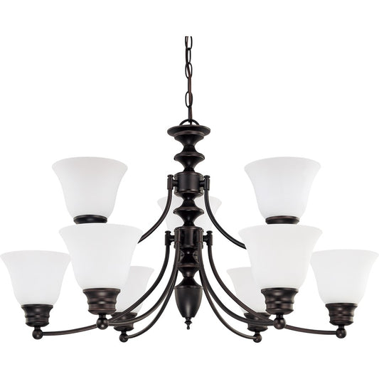 Nuvo Empire 32in 9-Light Chandelier | Traditional Mahogany Bronze and Frosted White Glass | Dining Room & Living Room | 27 x 17 x 31 in | Model 60-3171